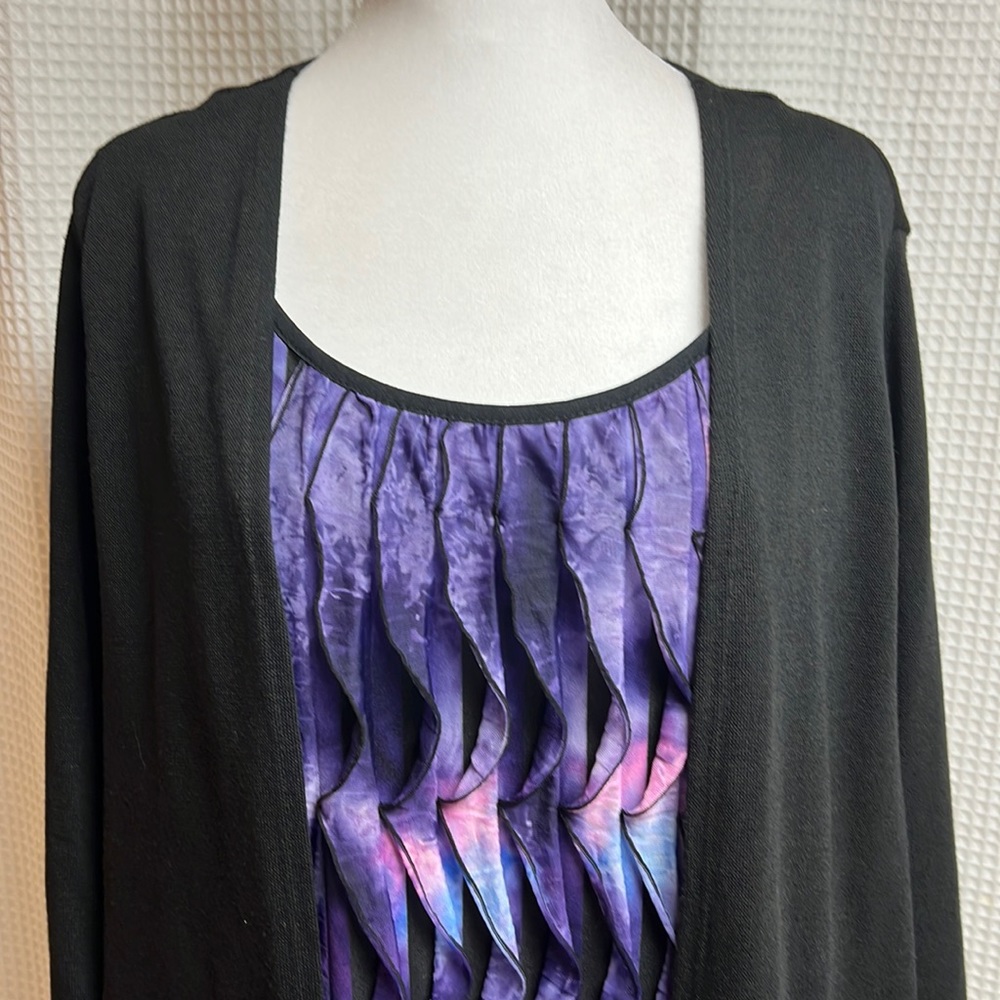 3/4 Sleeve Black cardigan with attached pink/purple ruffled Tank insert- 1X